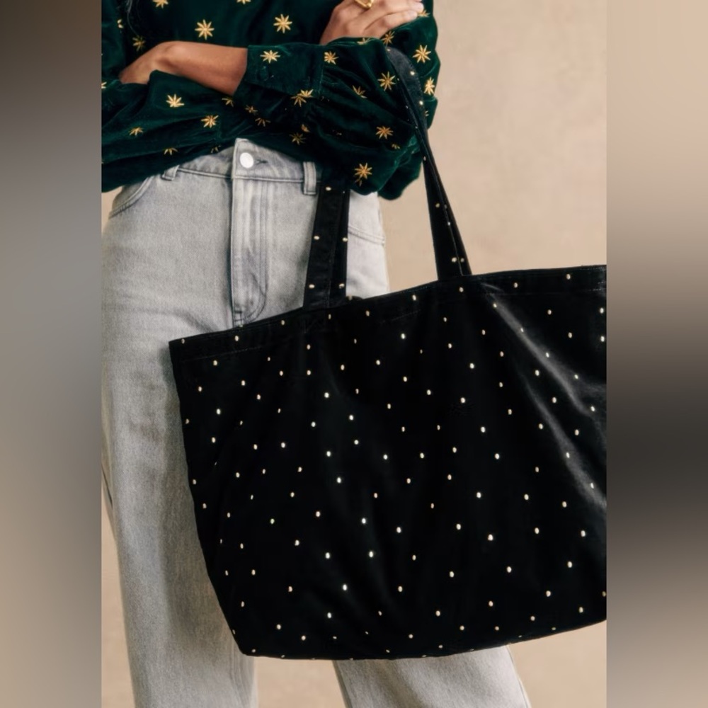 SEZANE Embroidered Black Gold Polka Dot Tote Bag